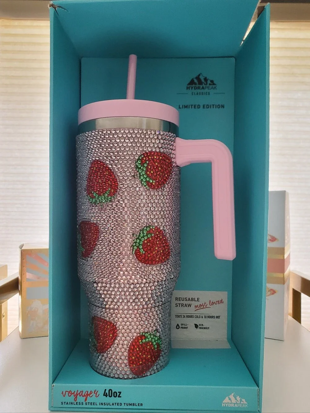 Pink Rhinestone Strawberry Bling  Hydra Peak 40 Oz Tumbler with Straw
